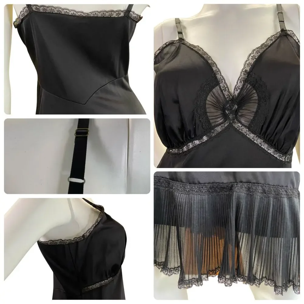 1970s Vintage Black Lace Pleated Slip Dress - Picture 5 of 5